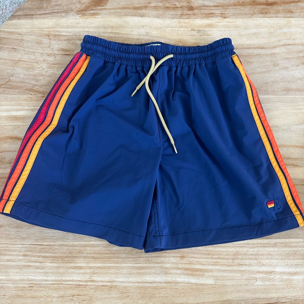 Aviator Nation Navy Blue Athletic Shorts with Red and Orange Stripes